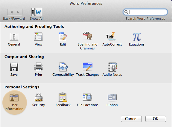The "User Information" icon is in the lower left corner of the Word Preferences menu.